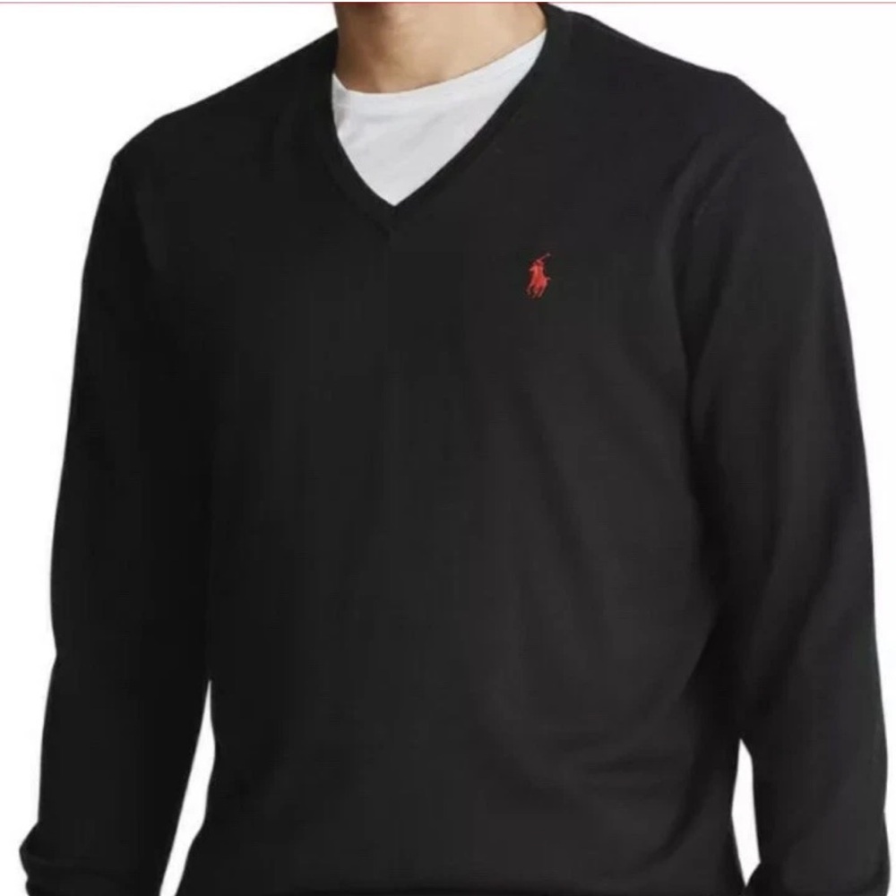 Polo Ralph Lauren Men’s Cotton V-Neck L/S Red Pony Sweater Black Medium GUC